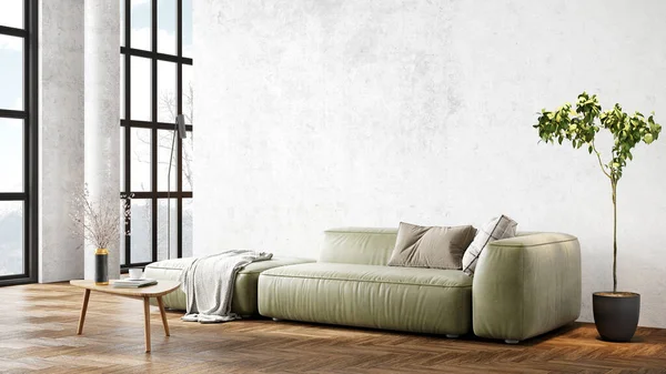 Sütunları, beyaz duvarları, geniş pencereleri, yüksek tavanı ve şık mobilyaları olan modern, güzel bir iç mekan. Parlak çatı katı tasarımı. 3B görüntüleme