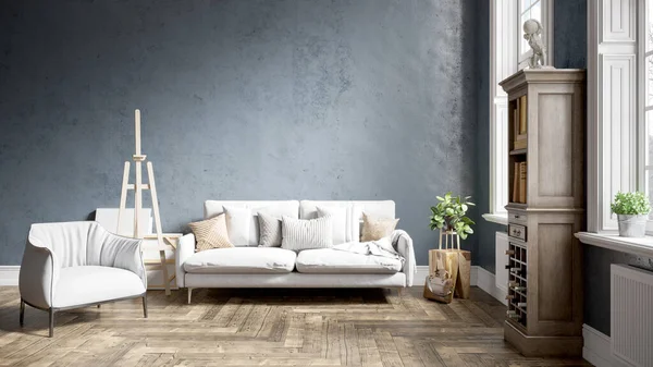 Renkli duvarları, geniş pencereleri ve şık mobilyaları olan modern, güzel bir oda. Parlak ve şık bir tasarım. 3B görüntüleme