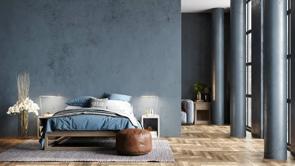 Sütunları, renkli duvarları ve şık mobilyaları olan modern, güzel bir iç mekan. Parlak çatı katı tasarımı. 3B görüntüleme