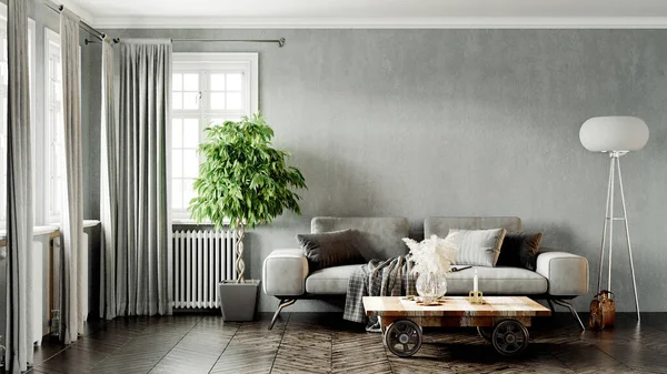 Modern bir odanın güzel iç mekanı. Parlak ve temiz tasarım. Büyük bir pencerenin yanında duran bir kanepe. 3B görüntüleme