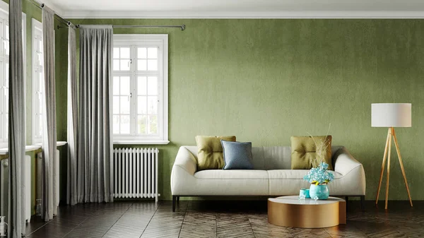 Modern bir odanın güzel iç mekanı. Parlak ve temiz tasarım. Büyük bir pencerenin yanında duran bir kanepe. 3B görüntüleme