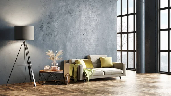 Sütunları, renkli duvarları ve şık mobilyaları olan modern, güzel bir iç mekan. Parlak çatı katı tasarımı. 3B görüntüleme