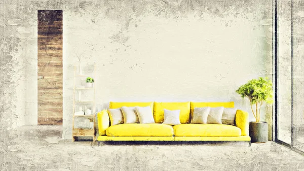 Renkli duvarları, geniş pencereleri ve şık mobilyaları olan modern, güzel bir oda. Görüntü bir yağlı boya tablo gibi stilize edilmiştir. Parlak ve şık bir tasarım. 3B görüntüleme