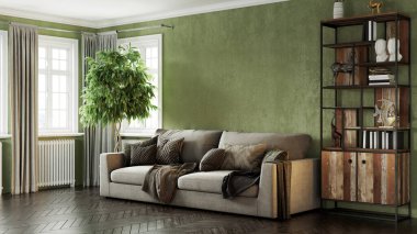 Modern bir odanın güzel iç mekanı. Parlak ve temiz tasarım. Büyük bir pencerenin yanında duran bir kanepe. 3B görüntüleme