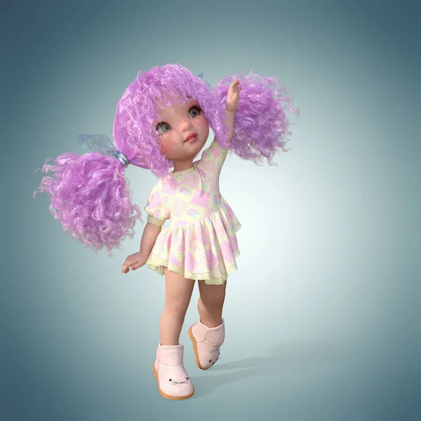 Uma menina, estilizada como uma boneca com cabelo roxo. Renderização 3D — Fotografia de Stock