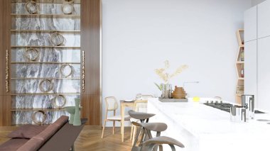 Modern stil mutfak, ahşap döşemeli oda, masa ve kanepe. 3B görüntüleme