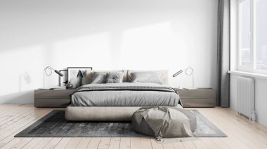 Işık duvarları, geniş pencereleri ve şık mobilyaları olan modern, güzel bir oda. İskandinav tarzında parlak bir tasarım. 3B görüntüleme