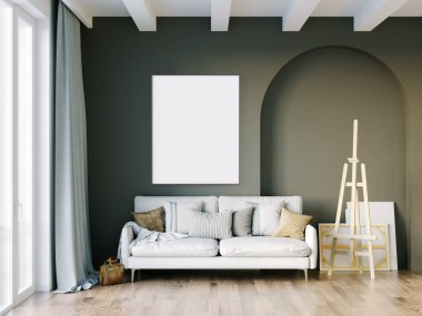 Işık duvarları, geniş pencereleri ve şık mobilyaları olan modern, güzel bir oda. İskandinav tarzında parlak bir tasarım. 3B görüntüleme