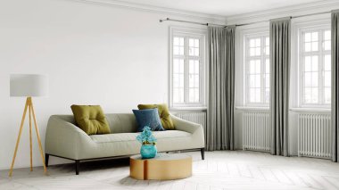 Modern bir odanın güzel iç mekanı. Parlak ve temiz tasarım. Büyük bir pencerenin yanında duran bir kanepe. 3B görüntüleme