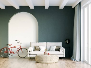 Işık duvarları, geniş pencereleri ve şık mobilyaları olan modern, güzel bir oda. İskandinav tarzında parlak bir tasarım. 3B görüntüleme