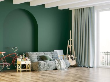 Işık duvarları, geniş pencereleri ve şık mobilyaları olan modern, güzel bir oda. İskandinav tarzında parlak bir tasarım. 3B görüntüleme