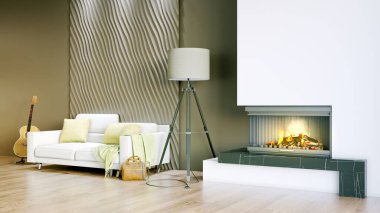 Işık duvarları, geniş pencereleri ve şık mobilyaları olan modern, güzel bir oda. İskandinav tarzında parlak bir tasarım. 3B görüntüleme