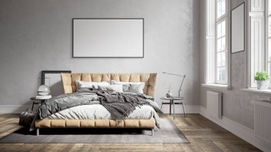 Beyaz duvarları, büyük pencereleri ve şık mobilyaları olan modern, güzel bir oda. Parlak ve şık bir tasarım. 3B görüntüleme