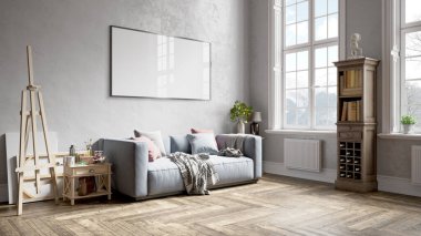 Beyaz duvarları, büyük pencereleri ve şık mobilyaları olan modern, güzel bir oda. Parlak ve şık bir tasarım. 3B görüntüleme