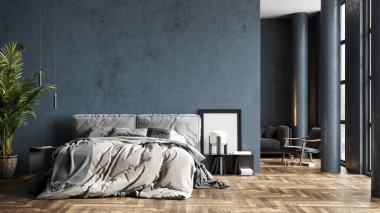 Sütunları, renkli duvarları ve şık mobilyaları olan modern, güzel bir iç mekan. Parlak çatı katı tasarımı. 3B görüntüleme