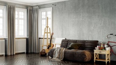 Modern bir odanın güzel iç mekanı. Parlak ve temiz tasarım. Büyük bir pencerenin yanında duran bir kanepe. 3B görüntüleme