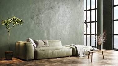 Sütunları, renkli duvarları ve şık mobilyaları olan modern, güzel bir iç mekan. Parlak çatı katı tasarımı. 3B görüntüleme