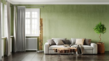 Modern bir odanın güzel iç mekanı. Parlak ve temiz tasarım. Büyük bir pencerenin yanında duran bir kanepe. 3B görüntüleme