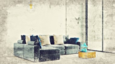 Renkli duvarları, geniş pencereleri ve şık mobilyaları olan modern, güzel bir oda. Görüntü bir yağlı boya tablo gibi stilize edilmiştir. Parlak ve şık bir tasarım. 3B görüntüleme