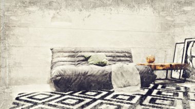 Renkli duvarları, geniş pencereleri ve şık mobilyaları olan modern, güzel bir oda. Görüntü bir yağlı boya tablo gibi stilize edilmiştir. Parlak ve şık bir tasarım. 3B görüntüleme