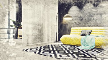 Renkli duvarları, geniş pencereleri ve şık mobilyaları olan modern, güzel bir oda. Görüntü bir yağlı boya tablo gibi stilize edilmiştir. Parlak ve şık bir tasarım. 3B görüntüleme