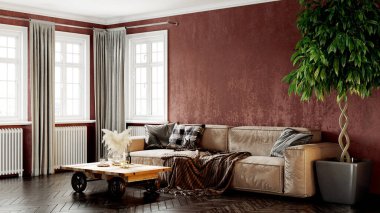 Modern bir odanın güzel iç mekanı. Parlak ve temiz tasarım. Büyük bir pencerenin yanında duran bir kanepe. 3B görüntüleme