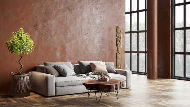 Sütunları, renkli duvarları ve şık mobilyaları olan modern, güzel bir iç mekan. Parlak çatı katı tasarımı. 3B görüntüleme