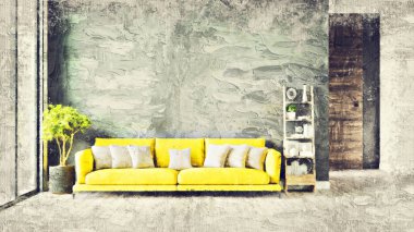 Renkli duvarları, geniş pencereleri ve şık mobilyaları olan modern, güzel bir oda. Görüntü bir yağlı boya tablo gibi stilize edilmiştir. Parlak ve şık bir tasarım. 3B görüntüleme