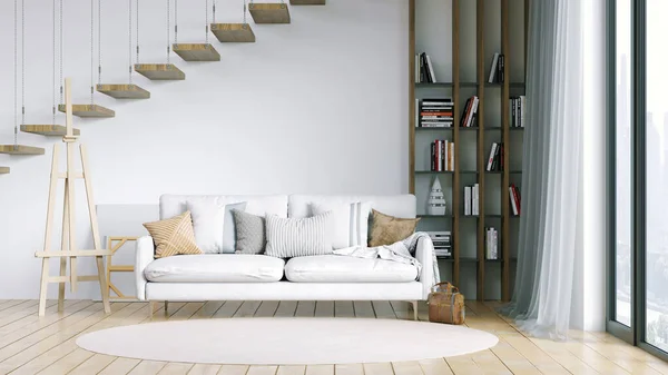 Moderní krásný interiér místnosti se světlými stěnami, velkými okny a stylovým nábytkem. Světlý design ve skandinávském stylu. 3D vykreslování — Stock fotografie