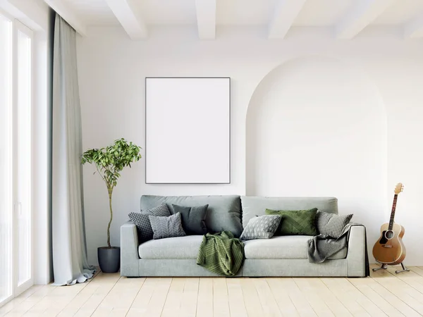 Moderno hermoso interior de la habitación con paredes de luz, grandes ventanales y muebles elegantes. Brillante diseño en estilo escandinavo. Renderizado 3D — Foto de Stock