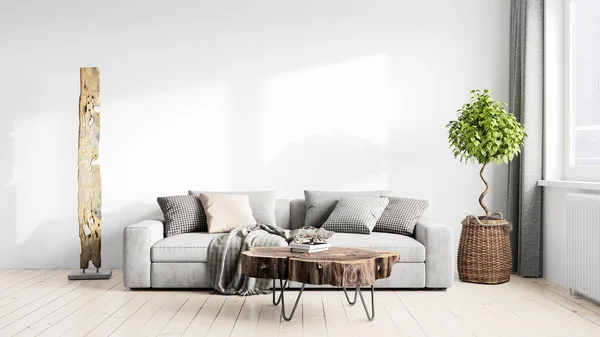 Modern vacker interiör i rummet med ljusa väggar, stora fönster och eleganta möbler. Ljus design i skandinavisk stil. 3D-rendering — Stockfoto
