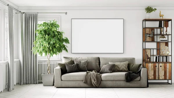 Modern interior of a room with an empty painting. Sofa and large window, wooden floor and wall. Clean lines of interior design. 3D rendering — Stock Photo, Image