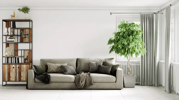 Wunderschönes Interieur eines modernen Zimmers. Helles und sauberes Design. Ein Sofa, das an einem großen Fenster vor einem Wandhintergrund steht. 3D-Rendering — Stockfoto