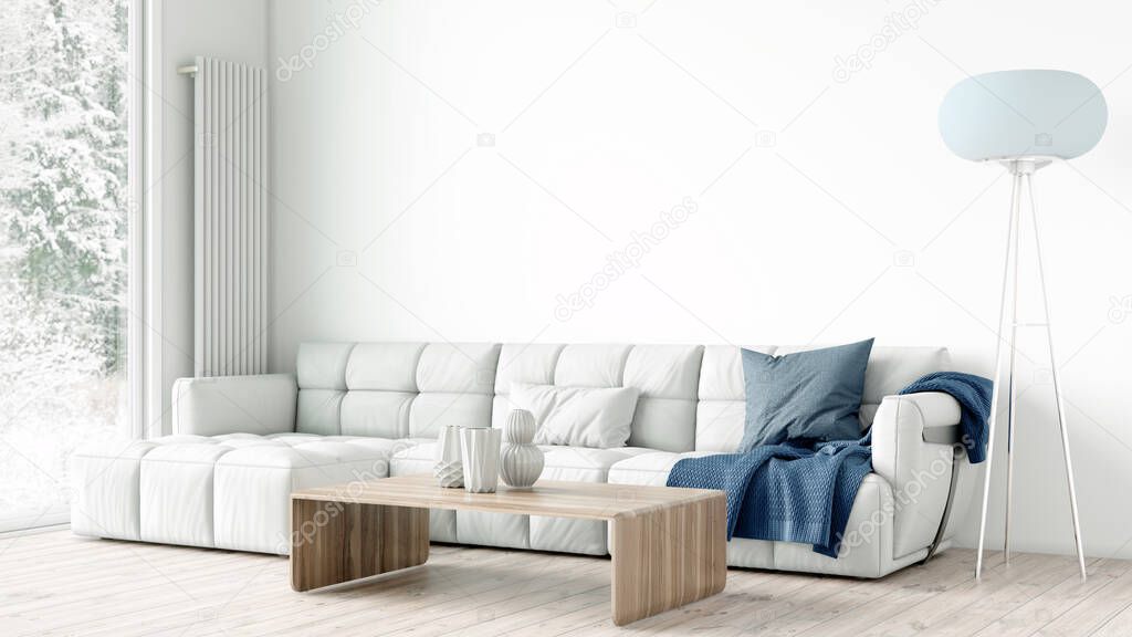 Modern stylish interior of the living room, a room with a wooden floor and a large window. 3D rendering