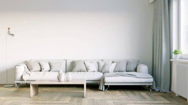 Modern bir odanın güzel iç mekanı. Parlak ve temiz tasarım. Büyük bir pencerenin yanında duran bir kanepe. 3B görüntüleme
