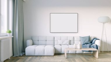 Boş bir tablosu olan modern bir oda. Kanepe, geniş pencere, ahşap zemin ve duvar. Temiz iç tasarım çizgileri. 3B görüntüleme