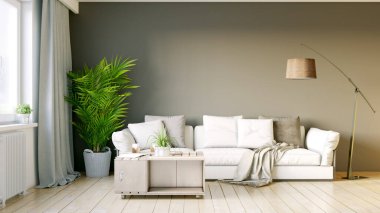 Modern bir odanın güzel iç mekanı. Parlak ve temiz tasarım. Büyük bir pencerenin yanında duran bir kanepe. 3B görüntüleme