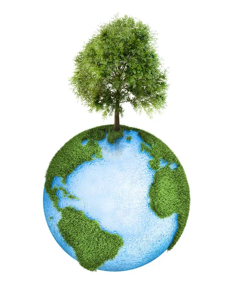 Globe mondial forme d'herbe verte avec arbre sur elle isolé sur fond bleu. Concept écologique — Photo