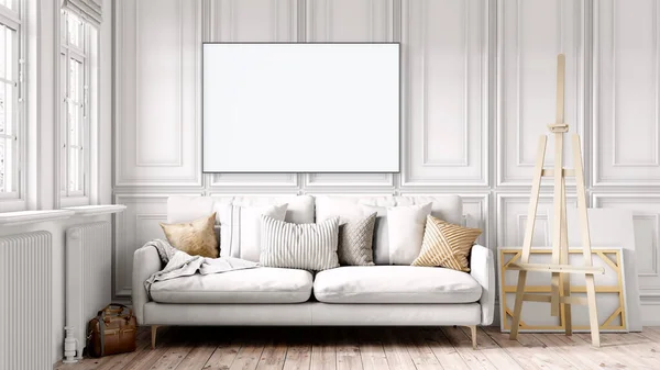 Interior moderno de um quarto com uma pintura vazia. Sofá e grande janela, piso de madeira e parede. Linhas limpas de design de interiores. Renderização 3D — Fotografia de Stock