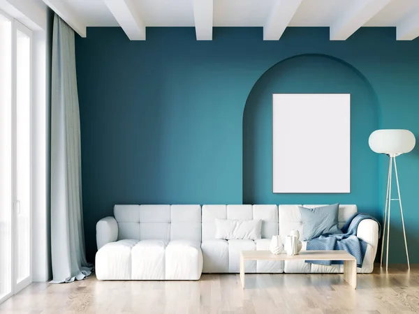 Μοντέρνο όμορφο εσωτερικό του δωματίου με ανοιχτούς τοίχους, μεγάλα παράθυρα και κομψά έπιπλα. Φωτεινό σχέδιο σε σκανδιναβικό στυλ. 3D απόδοση — Φωτογραφία Αρχείου