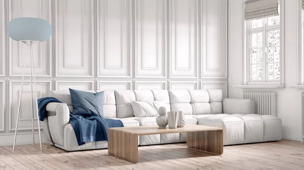 Beautiful interior of a modern room. Bright and clean design. A sofa standing by a large window against a wall background. 3D rendering — Φωτογραφία Αρχείου