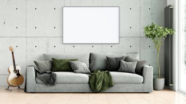 Boş bir tablosu olan modern bir oda. Kanepe, geniş pencere, ahşap zemin ve duvar. Temiz iç tasarım çizgileri. 3B görüntüleme