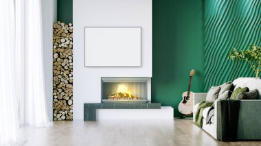 Işık duvarları, geniş pencereleri ve şık mobilyaları olan modern, güzel bir oda. İskandinav tarzında parlak bir tasarım. 3B görüntüleme