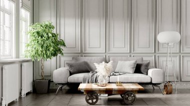 Modern bir odanın güzel iç mekanı. Parlak ve temiz tasarım. Büyük bir pencerenin yanında duran bir kanepe. 3B görüntüleme