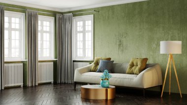 Modern bir odanın güzel iç mekanı. Parlak ve temiz tasarım. Büyük bir pencerenin yanında duran bir kanepe. 3B görüntüleme