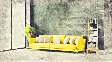 Renkli duvarları, geniş pencereleri ve şık mobilyaları olan modern, güzel bir oda. Görüntü bir yağlı boya tablo gibi stilize edilmiştir. Parlak ve şık bir tasarım. 3B görüntüleme