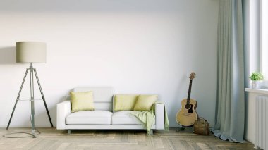 Modern bir odanın güzel iç mekanı. Parlak ve temiz tasarım. Büyük bir pencerenin yanında duran bir kanepe. 3B görüntüleme