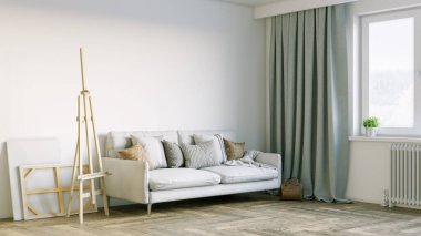 Modern bir odanın güzel iç mekanı. Parlak ve temiz tasarım. Büyük bir pencerenin yanında duran bir kanepe. 3B görüntüleme