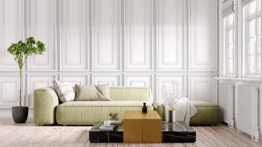 Modern bir odanın güzel iç mekanı. Parlak ve temiz tasarım. Büyük bir pencerenin yanında duran bir kanepe. 3B görüntüleme