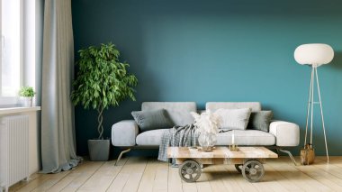 Modern bir odanın güzel iç mekanı. Parlak ve temiz tasarım. Büyük bir pencerenin yanında duran bir kanepe. 3B görüntüleme